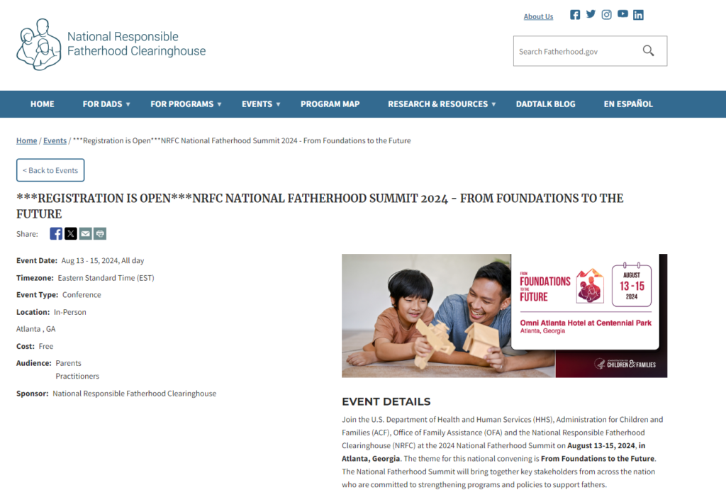 Screenshot of the National Responsible Fatherhood Clearinghouse website, fatherhood.gov