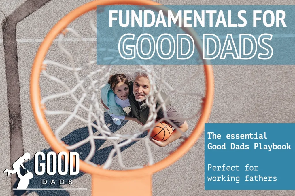 A happy dad and his preteen daughter look straight up through the net of a basketball goal and play basketball together.