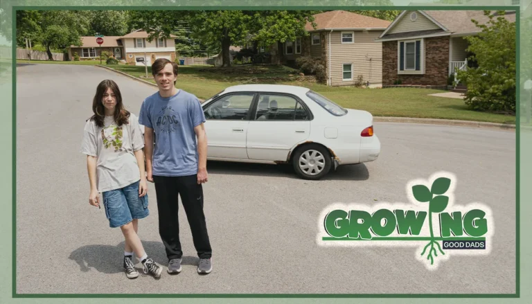 two teen siblings (male and female) stand in front of white car, ready to drive