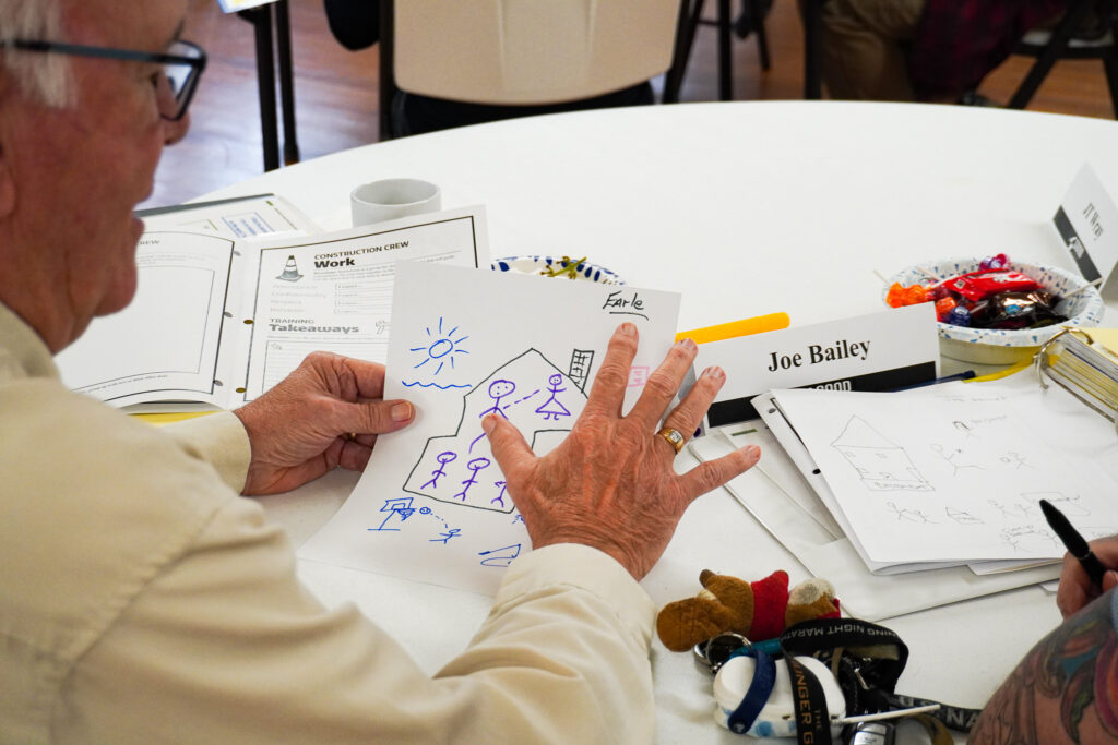 A training camp participants talks about a drawing on a piece of paper.