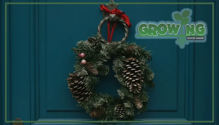 A holiday wreath hanging on a blue door