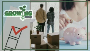 A red checkmark on a checklist; two people standing in an apartment surrounded by cardboard boxes; a close-up of a hand placing a coin into a piggy bank