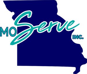 Serve Inc. Logo. A dark blue outline of the state of Missouri with teal text over it, reading "Mo Serve Inc."