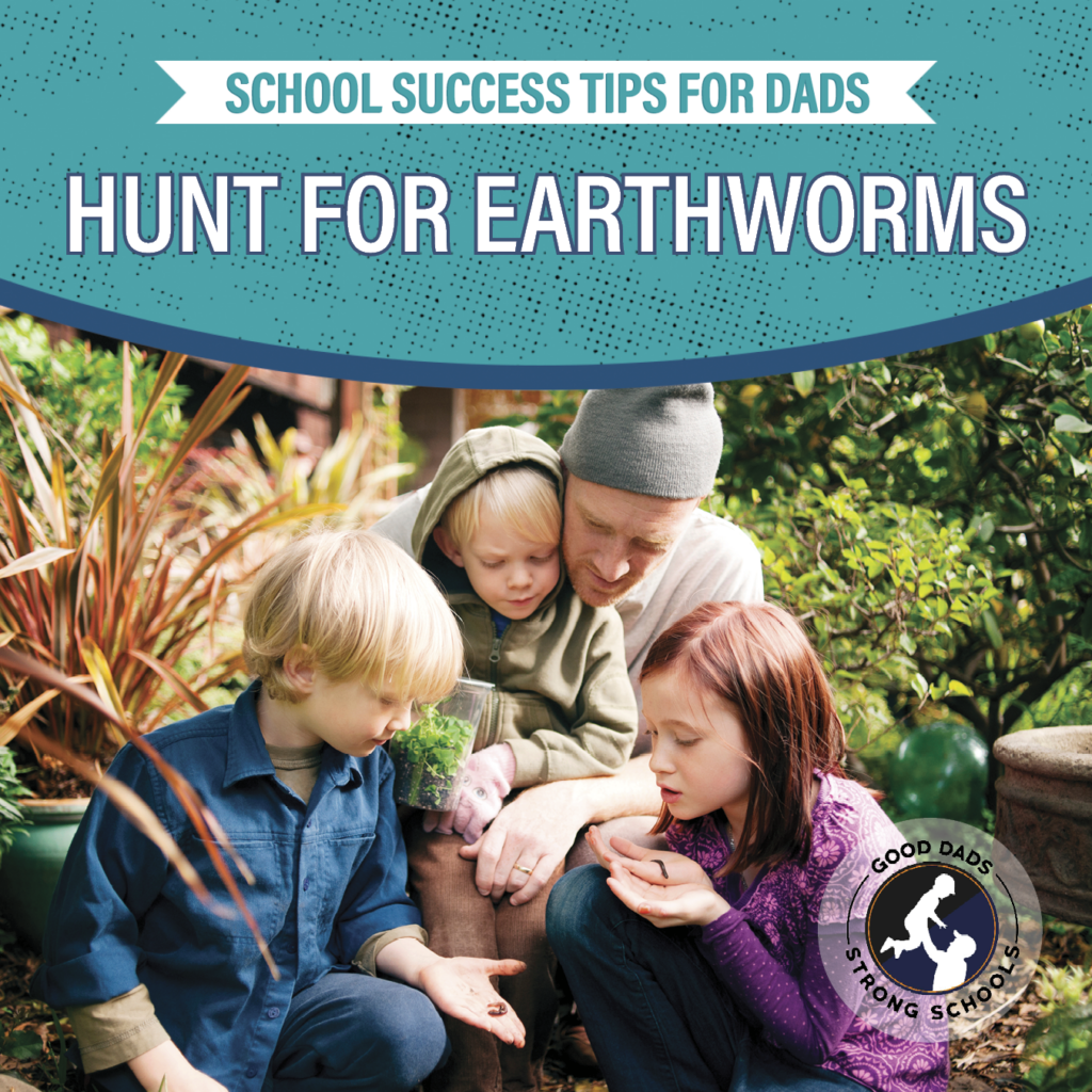 School Success Tips for Dads: Hunt for earthworms - A dad and three children huddle close together to observe bugs and worms in their hands.