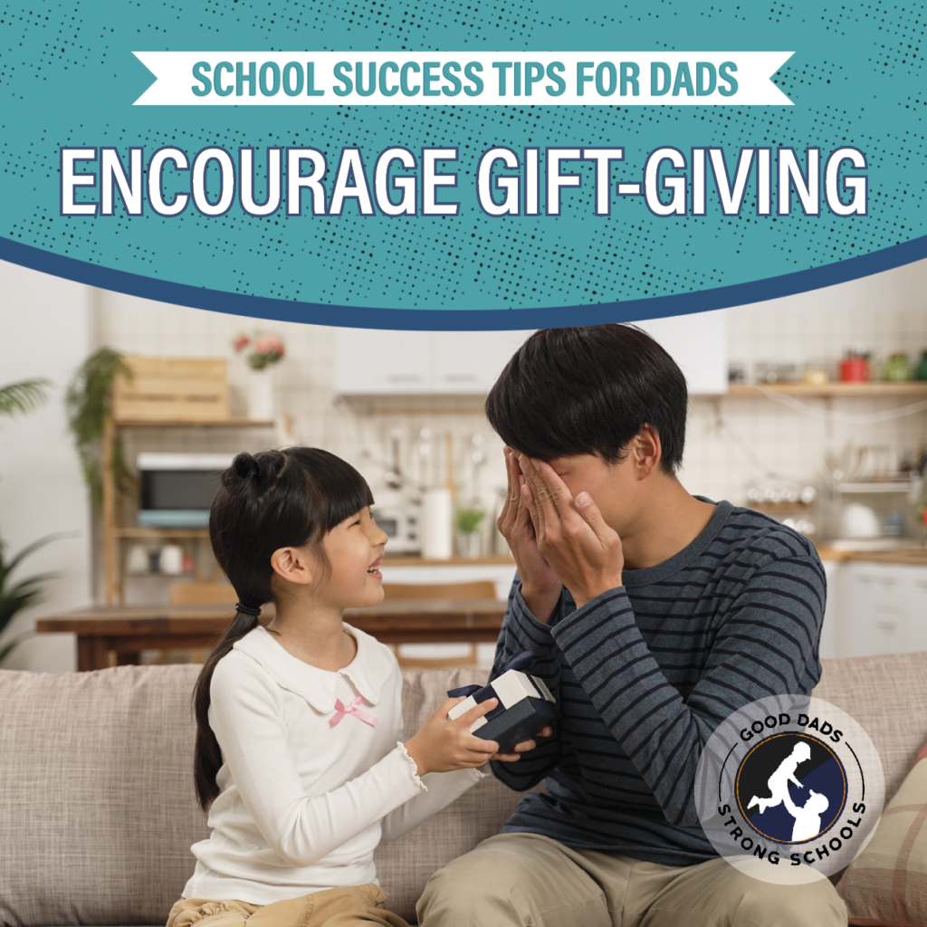 School Success Tips for Dads: encourage gift-giving - A daughter holds a small black and white rectangle box with a bow up to her dad, who covers his eyes with his hands.