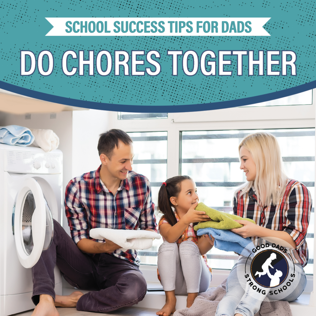 School Success Tips for Dads: A young girl sits in a laundry room to help two two fold a towel