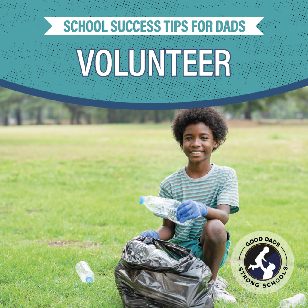 School Success Tips for Dads: Volunteer - a young, happy boy crouches on the grass with a trash bag while picking up a plastic bottle.