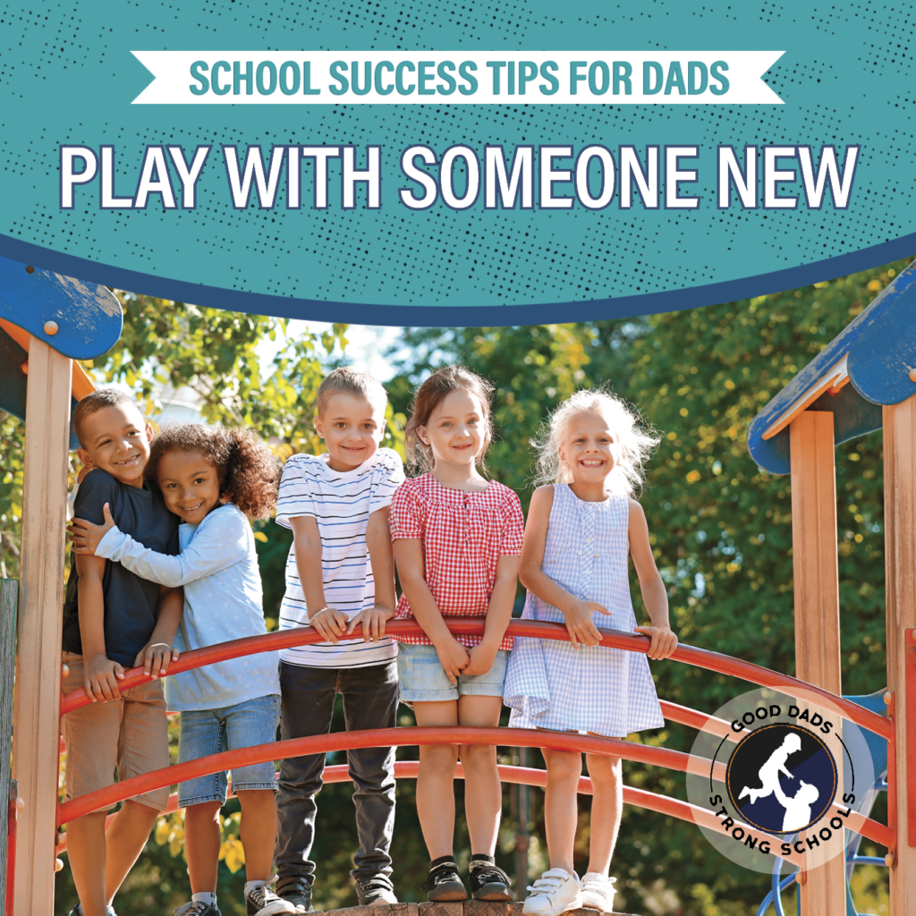 School Success Tips for Dads: play with someone new - a group of happy children standing next to each other on playground equipment