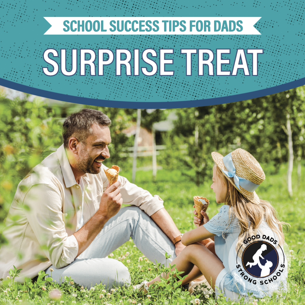 School Success Tips for Dads: Surprise treat - a young girl and her dad sit in the grass and eat ice cream cones