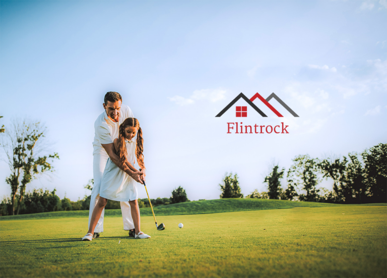a father playing golf with his little daughter on a green field and blue sky.
