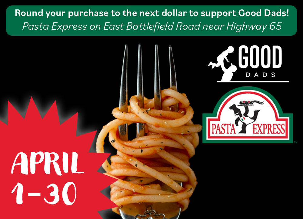 A metal fork with spaghetti twisted around it - accompanied by "Round Up For A Cause" and the Pasta Express logo