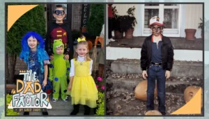 Two images of children dressed in Halloween costumes; the image on the left is of Maury's children, and the image on the right is of Maury himself in his childhood.