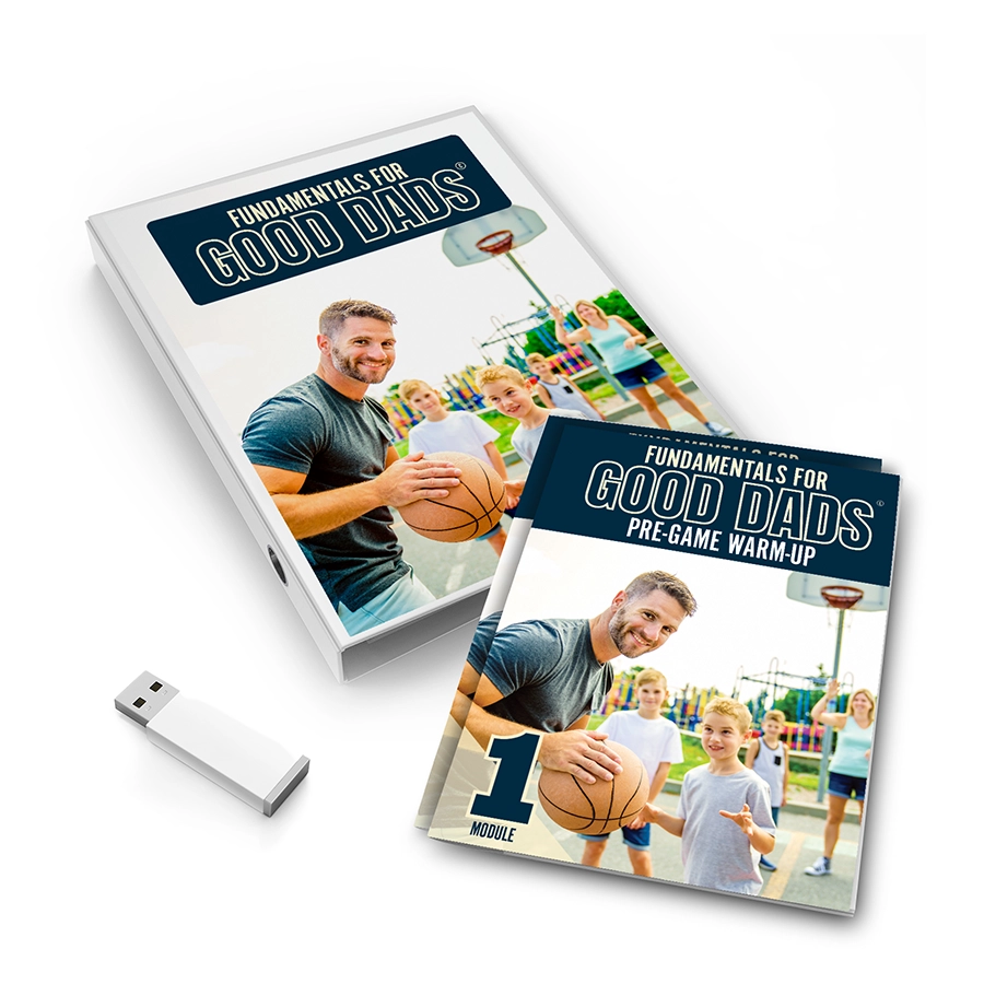 A stack of paper modules for Fundamentals for Good Dads, fanned out on a white background, a flash drive sitting next to them.
