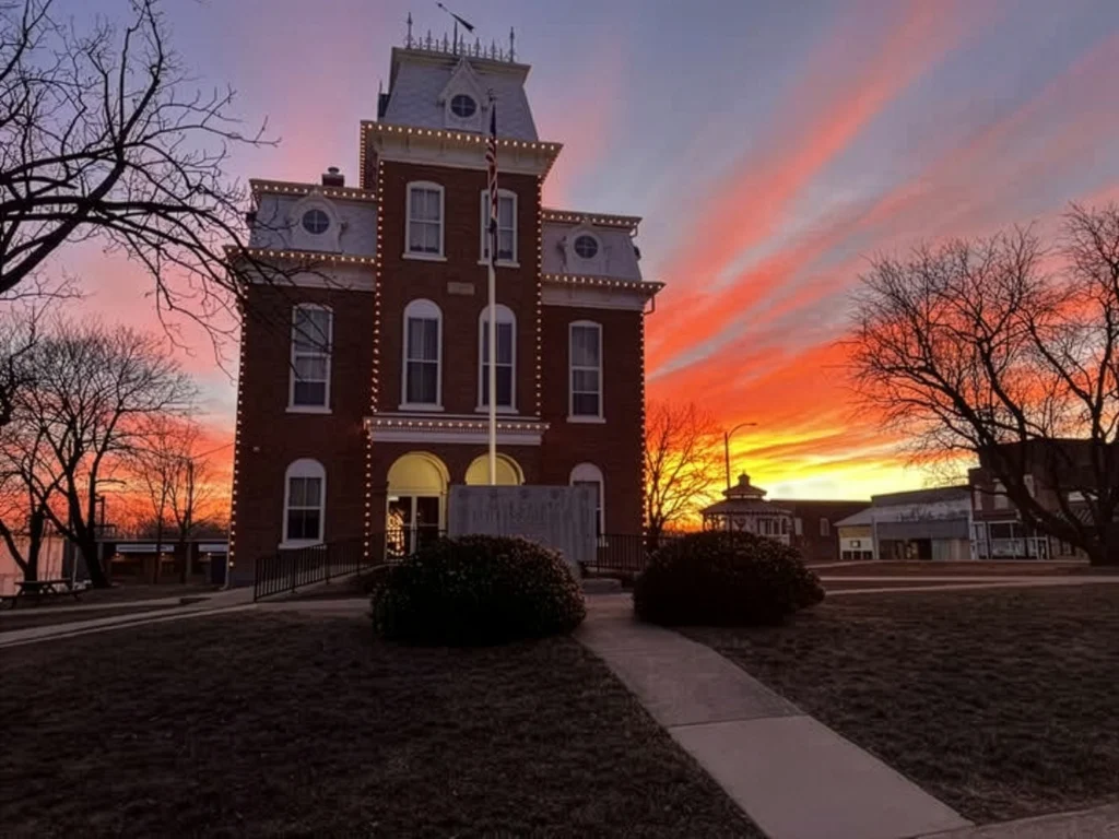Exterior photo of the Dent County Court House, with a bright red, orange and purple sunset behind the building.