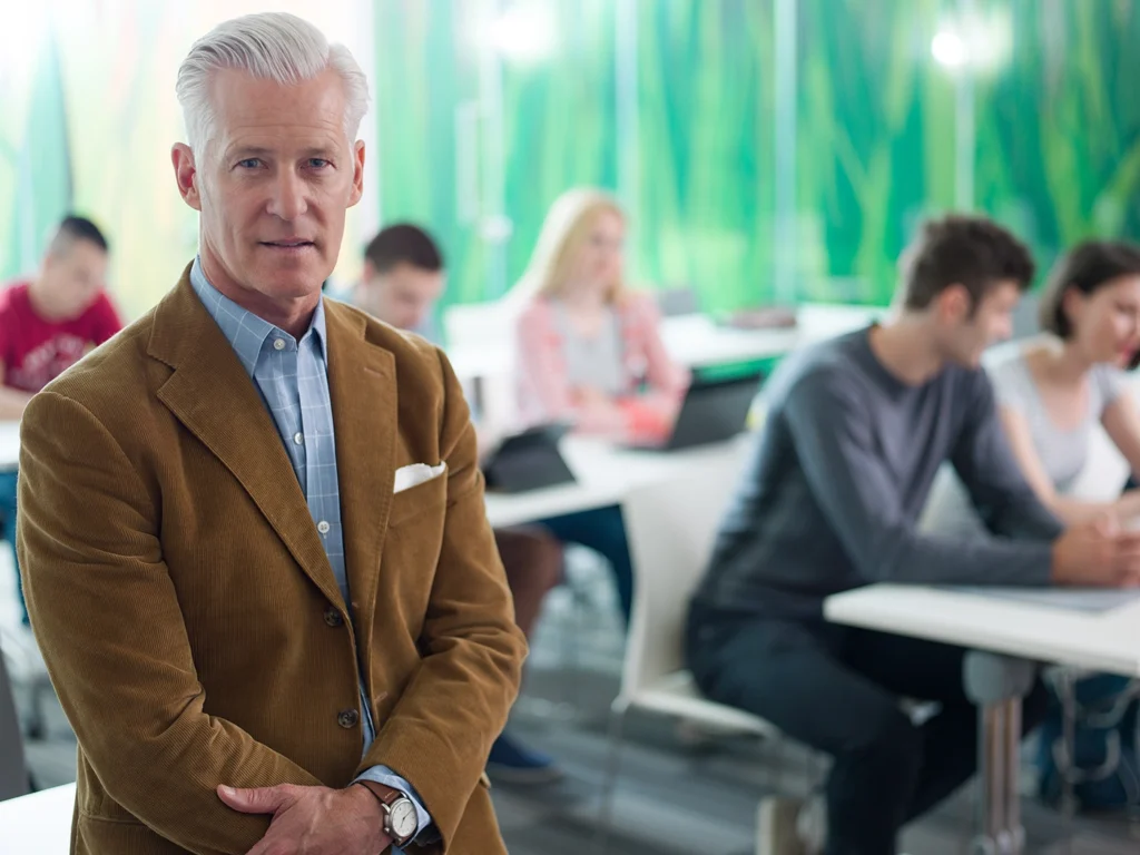 A man with silver hair and a brown blazer stands at the front of a classroom looking right at the camera, while behind him adult students sit at tables.