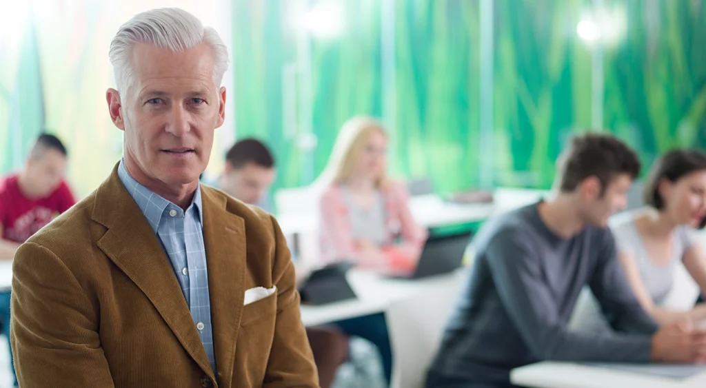 A man with silver hair and a brown blazer stands at the front of a classroom looking right at the camera, while behind him adult students sit at tables.