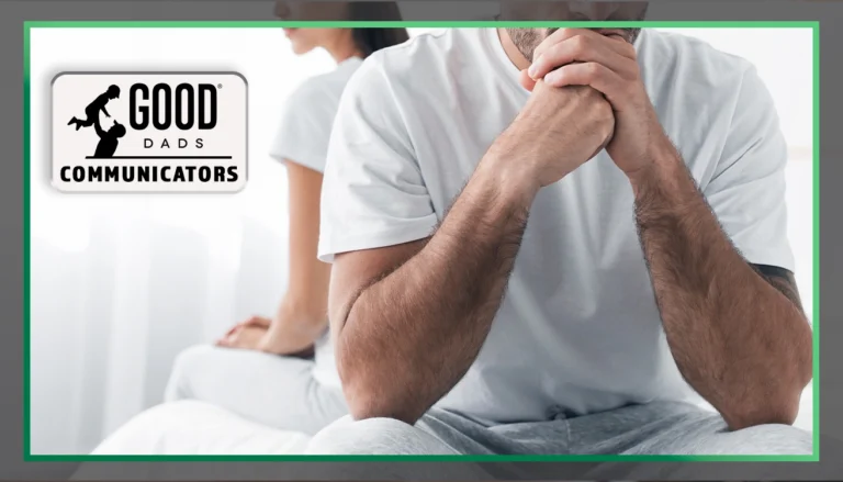 Good Dads Communicators: A man wearing white with clasped hands faces the viewer, his face out of frame. A woman sits back to back to him, her face out of frame as well