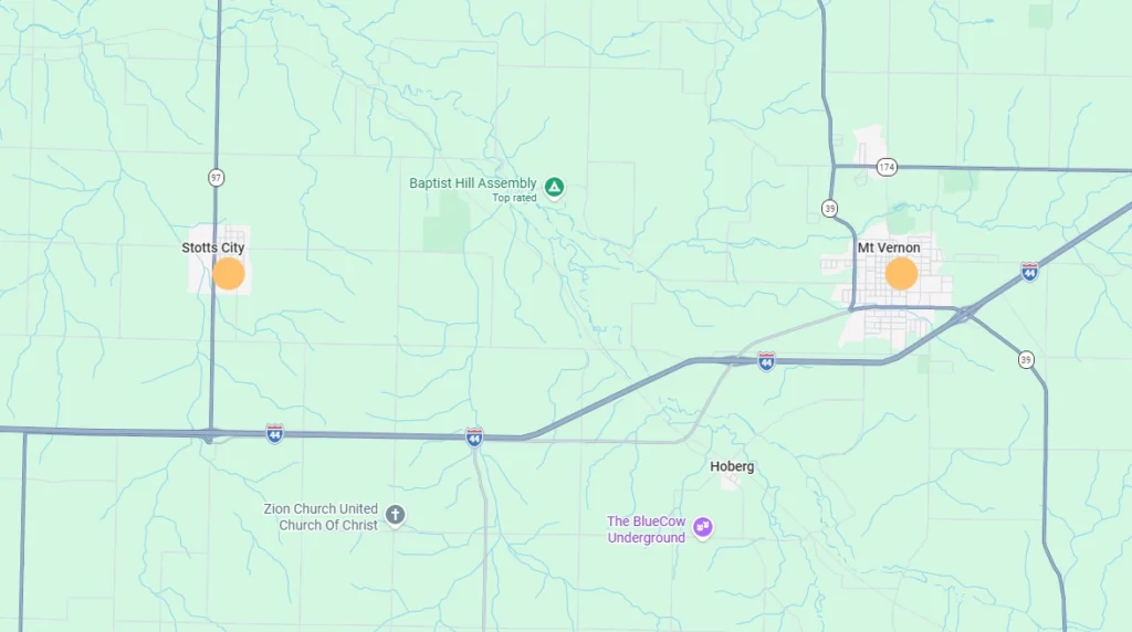 A screenshot of a map with two map markers: one in Stotts City and one in Mt. Vernon.