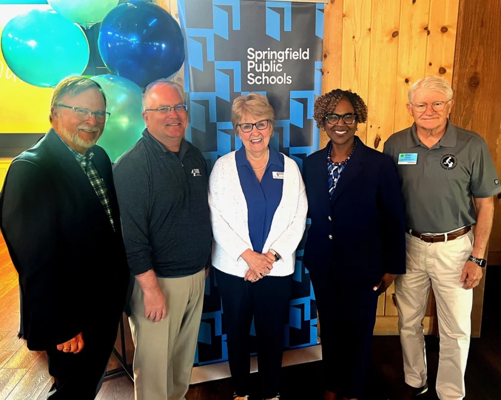 A group photo at a Springfield Public Schools celebration event: Jim Millsap, Mike Dawson, Jennifer Baker, Grenita Lathan, Dan Emrie.