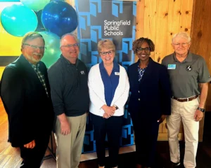 A group photo at a Springfield Public Schools celebration event: Jim Millsap, Mike Dawson, Jennifer Baker, Grenita Lathan, Dan Emrie.