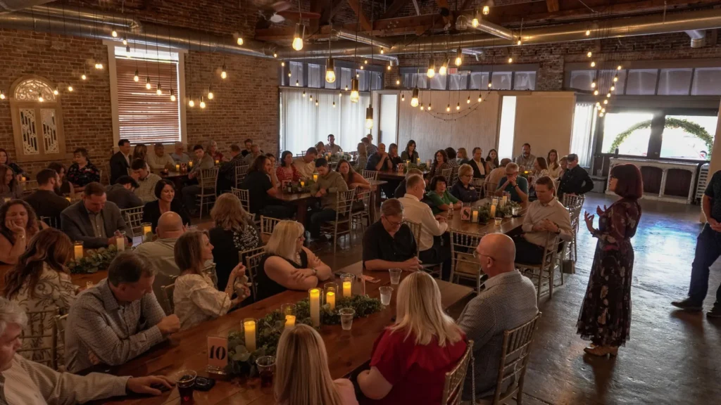 Executive board member Angela Smith, addresses the room full of guests seated at dinner tables at the Venue on Brick during the September 2026 fall fundraising dinner for Good Dads.