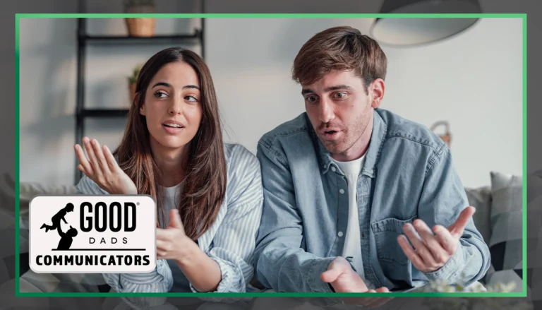Good Dads Communicators: A couple sit side-by-side on a couch, both talking and gesturing with their hands
